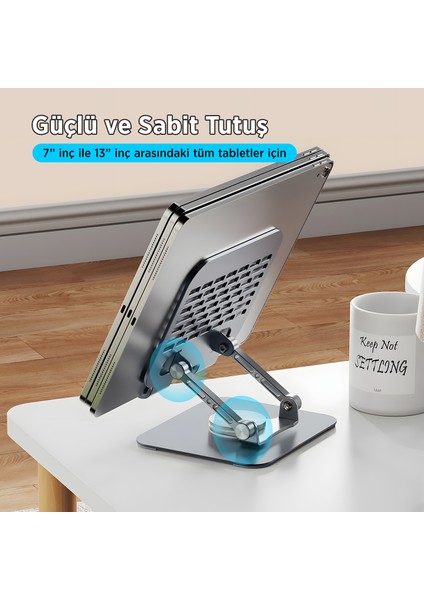 PS01 360° Dönebilen ve Isı Dağılımı Özellikli Katlanabilir Taşınabilir Ergonomik Metal Tablet Standı iPad Tutucu Gri