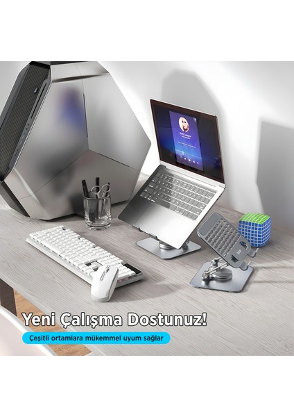 PS01 360° Dönebilen ve Isı Dağılımı Özellikli Katlanabilir Taşınabilir Ergonomik Metal Tablet Standı iPad Tutucu Gri