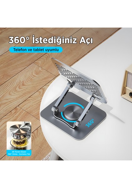 PS01 360° Dönebilen ve Isı Dağılımı Özellikli Katlanabilir Taşınabilir Ergonomik Metal Tablet Standı iPad Tutucu Gri