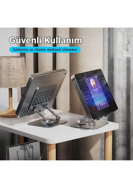 PS01 360° Dönebilen ve Isı Dağılımı Özellikli Katlanabilir Taşınabilir Ergonomik Metal Tablet Standı iPad Tutucu Gri