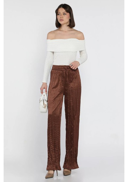 Kadın Bel Lastikli Yüksek Bel Saten Pileli Pantolon