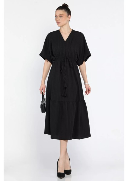 Bel Bağlamalı V Yaka Kadın Elbise fiyatları