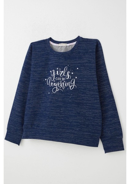 Kız Çocuk Sweatshirt Yazı Baskılı Yıldızlı 9-14 Yaş, Lacivert Melanj modelleri