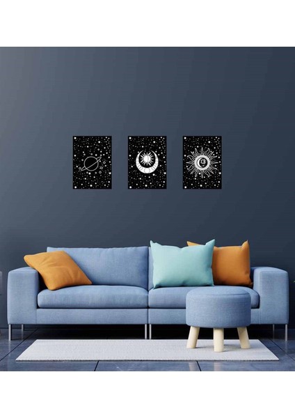 Moon Saturn Motto Tasarım Duvar Panosu 3'lü Set