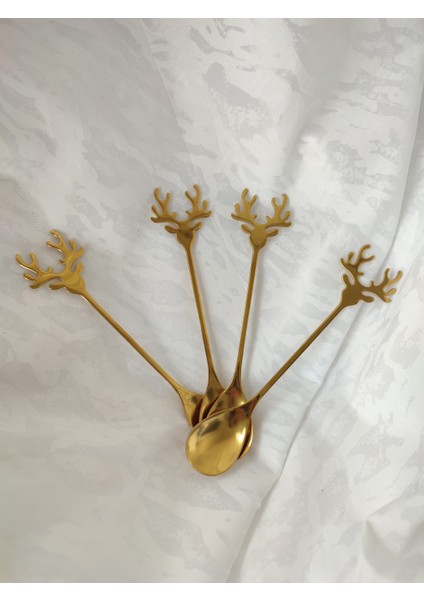 Bb-4 Adet Gold Altın Geyik Figürlü Kaşık 14 cm Yılbaşı Noel Çay Kahve Tatlı Baharat Kaşığı
