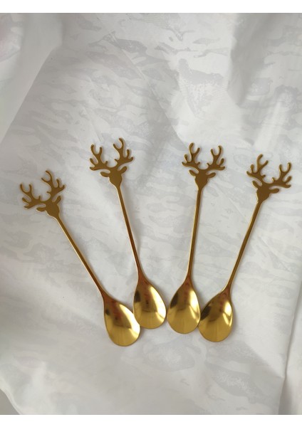 Bb-4 Adet Gold Altın Geyik Figürlü Kaşık 14 cm Yılbaşı Noel Çay Kahve Tatlı Baharat Kaşığı