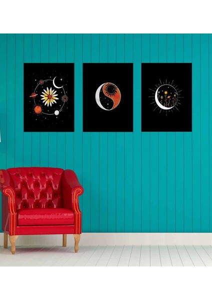Ying Yang Gezegen Ahşap Tasarım Duvar Panosu 3'lü Set