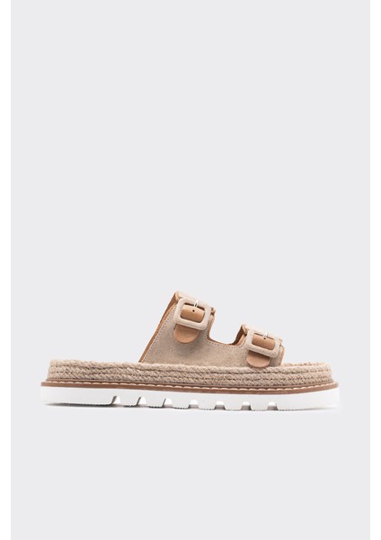 Zaria Bej Deri Çift Bantlı Kadın Terlik