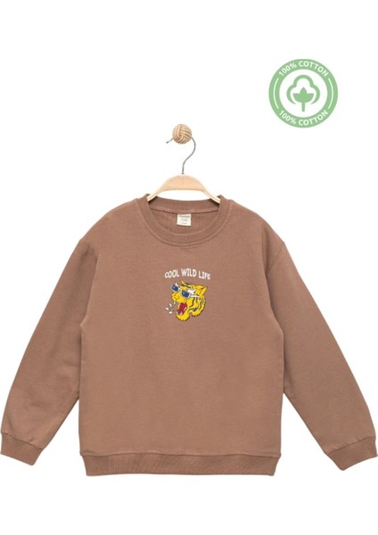 Erkek Çocuk %100 Pamuk Kahverengi Sweatshirt Baskılı - Spor Çocuk Giyim
