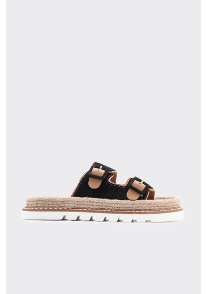 Zaria Siyah Deri Çift Bantlı Kadın Terlik