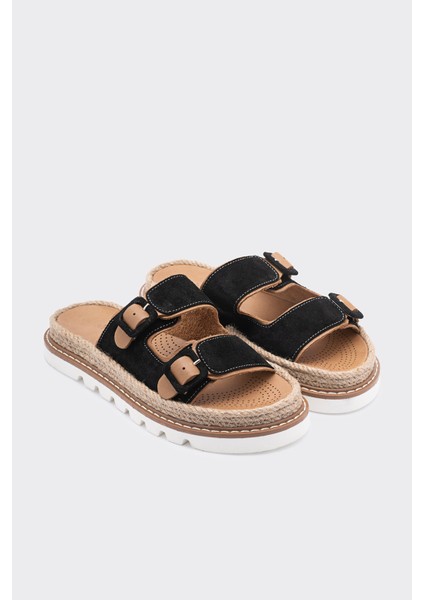 Zaria Siyah Deri Çift Bantlı Kadın Terlik fiyatları