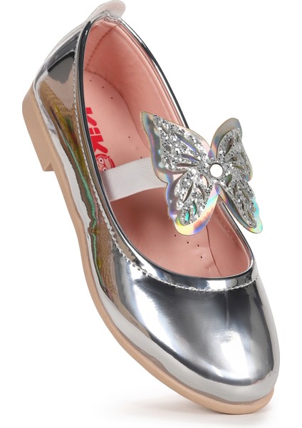 Menz Kelebek Lastikli Kız Çocuk Babet Ayakkabı Gümüş