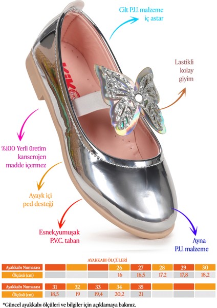 Menz Kelebek Lastikli Kız Çocuk Babet Ayakkabı Gümüş fiyatları