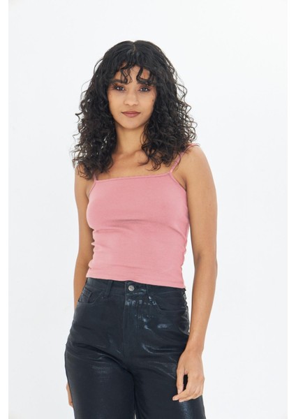 Pembe Kadın Ince Ip Askılı Basic Crop Atlet -2466