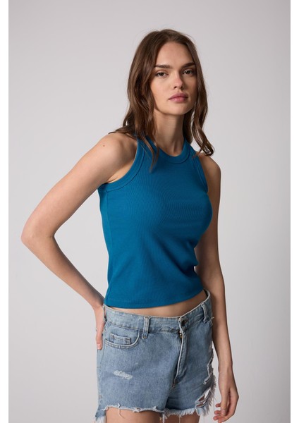 Saks Mavisi Halter Yaka Fitilli Görünümlü Kadın Atlet - 2502