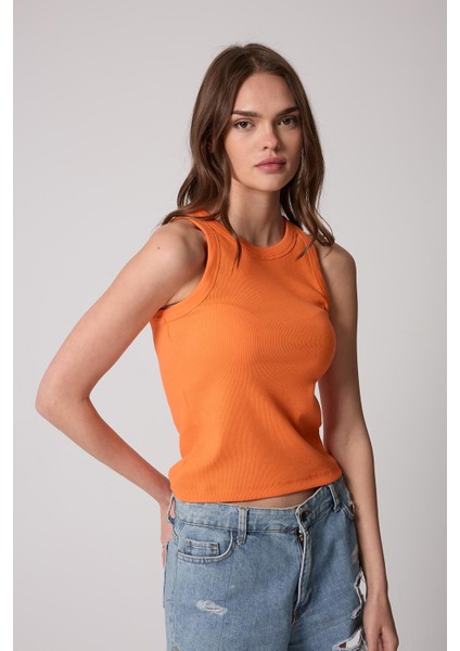 Turuncu Halter Yaka Fitilli Görünümlü Kadın Atlet - 2502 fırsatları