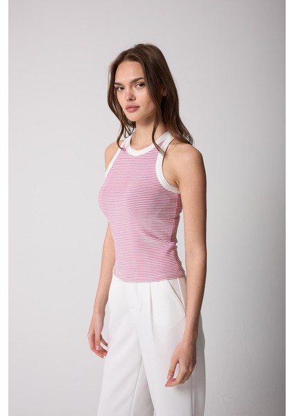 Pembe Beyaz Çizgili Halter Yaka Fitilli Görünümlü Kadın Atlet - 2502 modelleri