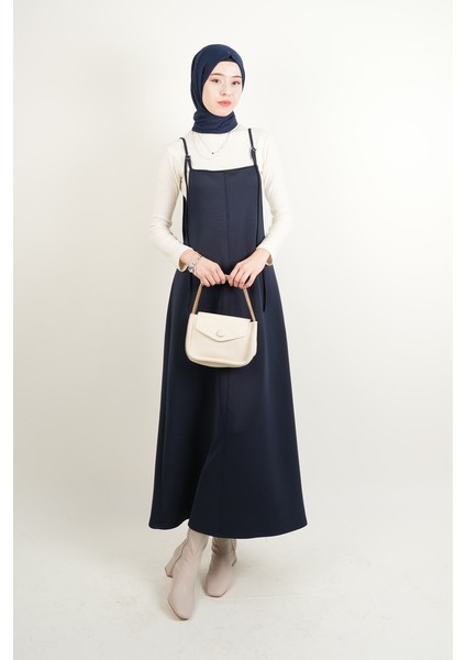 Tesettür Elbise Biye Nakışlı Denim Elbise Mavi