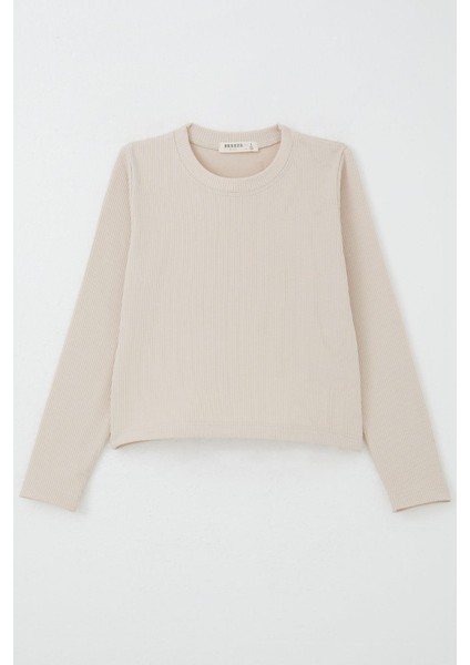 Kız Çocuk Uzun Kollu Tişört Kemer Boy Basic 8-14 Yaş, Bej