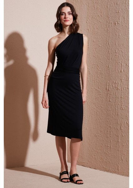 Slim Fit Tek Omuzlu Yırtmaçlı Bağlama Detaylı Midi Elbise Bayan Elbise 5866272
