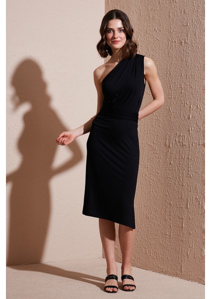 Slim Fit Tek Omuzlu Yırtmaçlı Bağlama Detaylı Midi Elbise Bayan Elbise 5866272