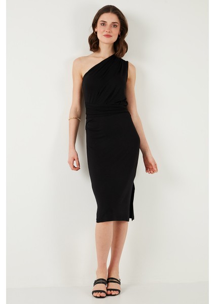 Slim Fit Tek Omuzlu Yırtmaçlı Bağlama Detaylı Midi Elbise Bayan Elbise 5866272