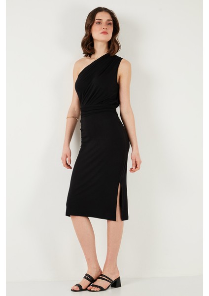 Slim Fit Tek Omuzlu Yırtmaçlı Bağlama Detaylı Midi Elbise Bayan Elbise 5866272