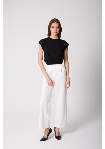 Kadın T-Shirt Beli Lastikli Duble Kol Bisiklet Yaka Siyah Basic - 2501