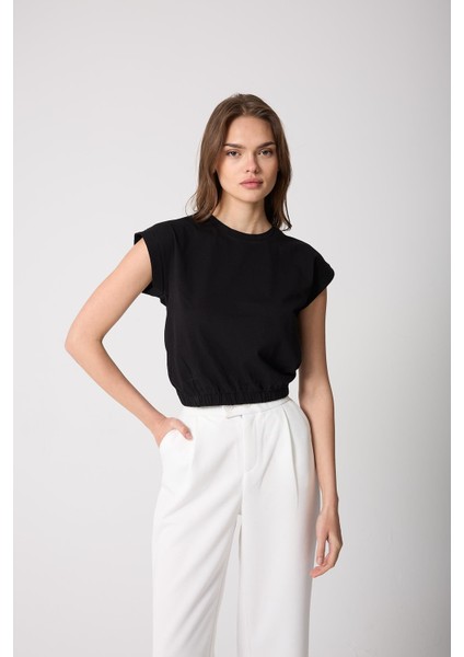 Kadın T-Shirt Beli Lastikli Duble Kol Bisiklet Yaka Siyah Basic - 2501