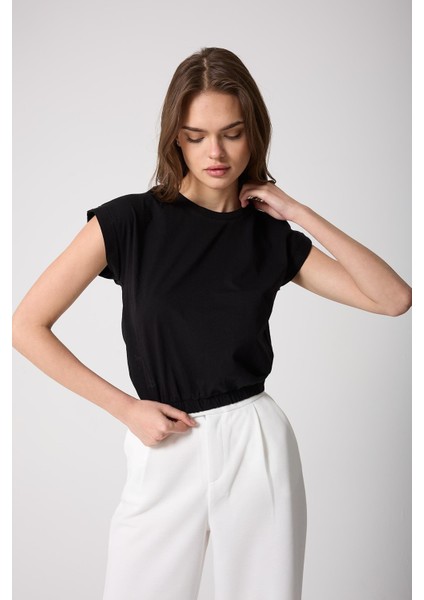 Kadın T-Shirt Beli Lastikli Duble Kol Bisiklet Yaka Siyah Basic - 2501