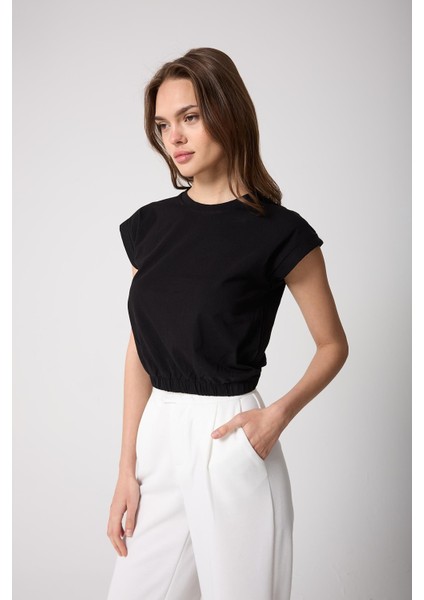 Kadın T-Shirt Beli Lastikli Duble Kol Bisiklet Yaka Siyah Basic - 2501