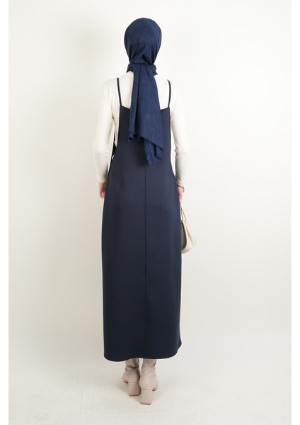 Tesettür Elbise Biye Nakışlı Denim Elbise Mavi modelleri