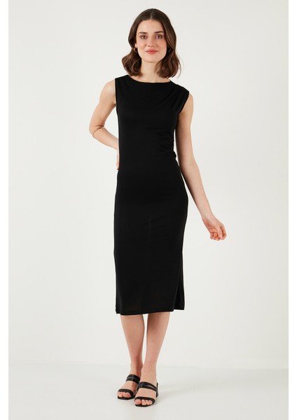 Slim Fit Bisiklet Yaka Kolsuz Midi Boy Elbise Bayan Elbise 5866251
