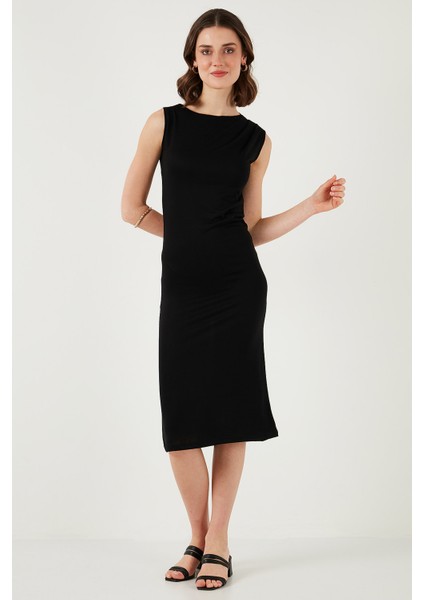 Slim Fit Bisiklet Yaka Kolsuz Midi Boy Elbise Bayan Elbise 5866251
