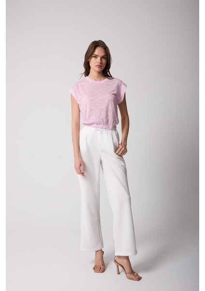 Kadın T-Shirt Beli Lastikli Duble Kol Bisiklet Yaka Desenli Pembe Basic - 2501