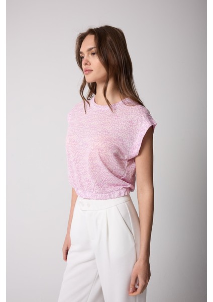 Kadın T-Shirt Beli Lastikli Duble Kol Bisiklet Yaka Desenli Pembe Basic - 2501 fiyatları