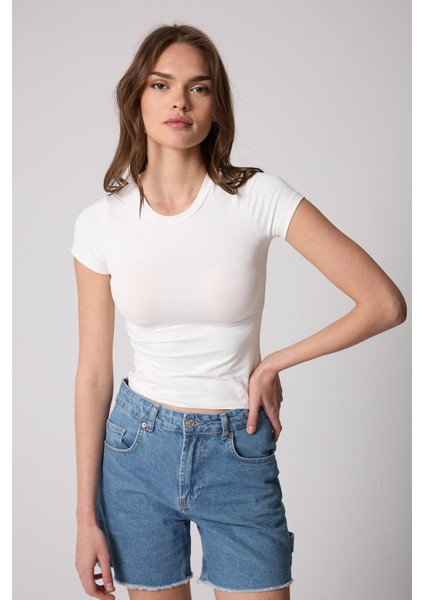 Kadın T-Shirt Likralı Slim Fit Kısa Kol Bisiklet Yaka Beyaz Basic - 2503 fiyatları