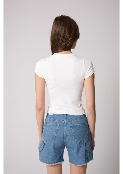 Kadın T-Shirt Likralı Slim Fit Kısa Kol Bisiklet Yaka Beyaz Basic - 2503 modelleri