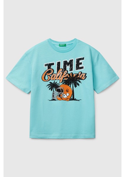 Baskılı Oversize Fit Pamuklu Bisiklet Yaka T Shirt Erkek Çocuk T Shirt 3ı1xc10o4