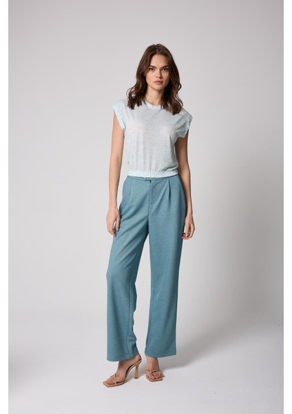 Kadın T-Shirt Beli Lastikli Duble Kol Bisiklet Yaka Desenli Mint Yeşili Basic - 2501