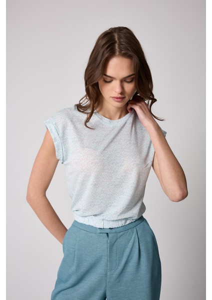 Kadın T-Shirt Beli Lastikli Duble Kol Bisiklet Yaka Desenli Mint Yeşili Basic - 2501 fiyatları