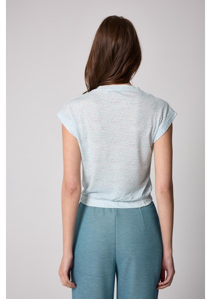 Kadın T-Shirt Beli Lastikli Duble Kol Bisiklet Yaka Desenli Mint Yeşili Basic - 2501 fırsatları