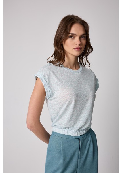 Kadın T-Shirt Beli Lastikli Duble Kol Bisiklet Yaka Desenli Mint Yeşili Basic - 2501 indirimleri