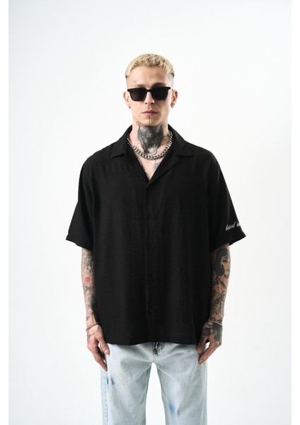 Erkek Respire Nakışlı Oversize Keten Gömlek Siyah