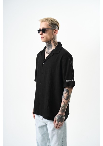 Erkek Respire Nakışlı Oversize Keten Gömlek Siyah fiyatları