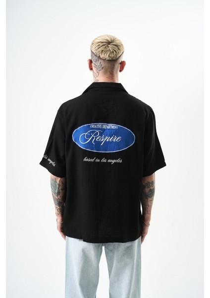 Erkek Respire Nakışlı Oversize Keten Gömlek Siyah modelleri