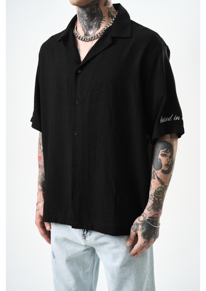 Erkek Respire Nakışlı Oversize Keten Gömlek Siyah fırsatları