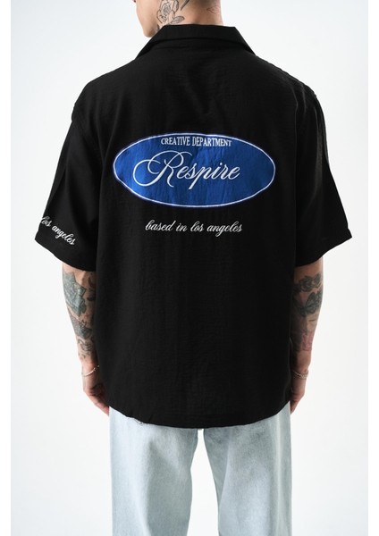 Erkek Respire Nakışlı Oversize Keten Gömlek Siyah indirimleri