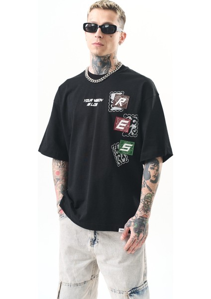 Erkek Low Vision Nakışlı Oversize T-Shirt Siyah modelleri
