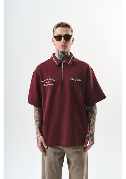 Erkek Yarım Fermuarlı Nakışlı Oversize T-Shirt Bordo